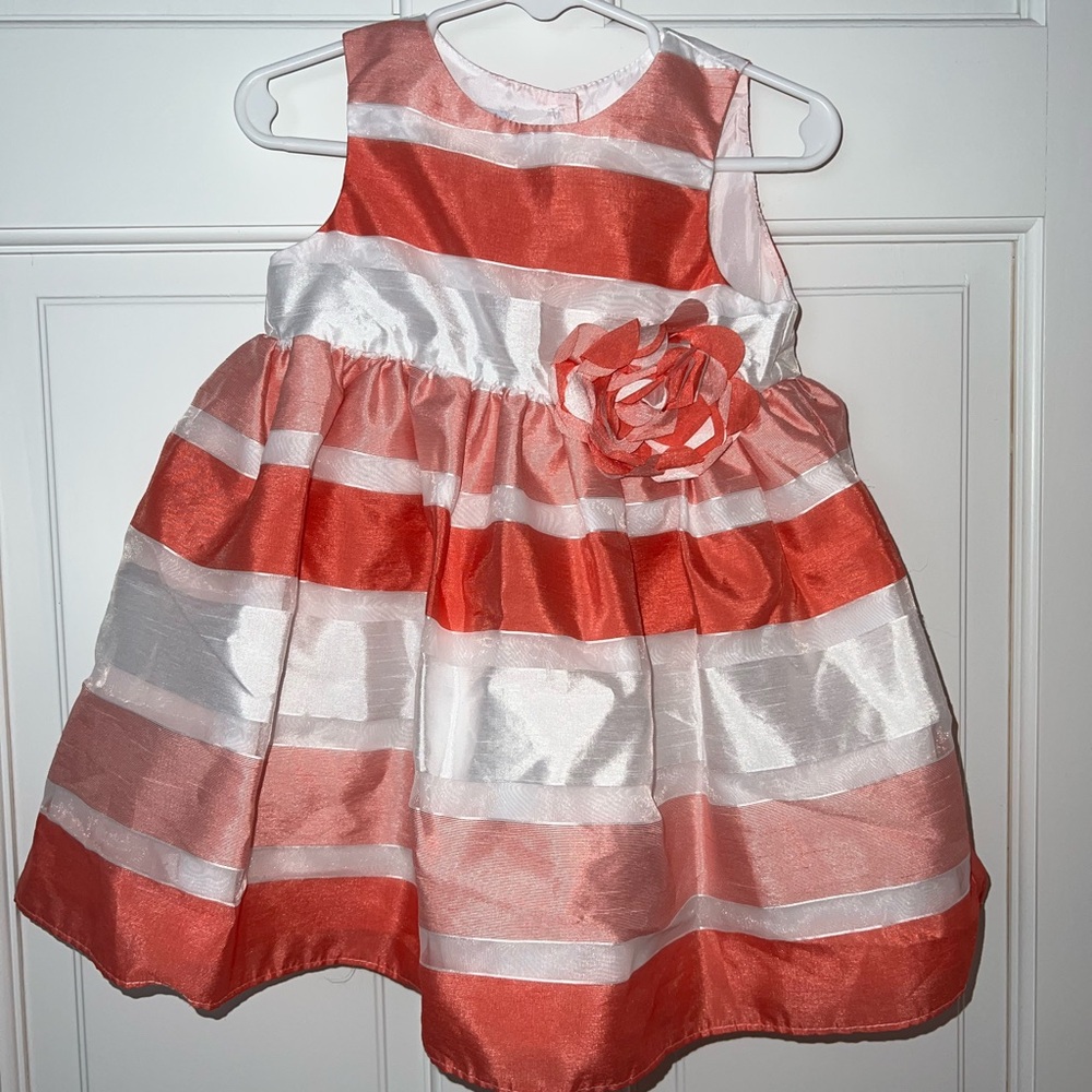 18M Girls' Striped Dress with Floral Accent - Coral and White